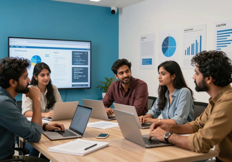 A vibrant photo of a South Asian creative team in Lahore brainstorming in a modern studio, with a wall featuring sky blue accents and digital marketing charts.