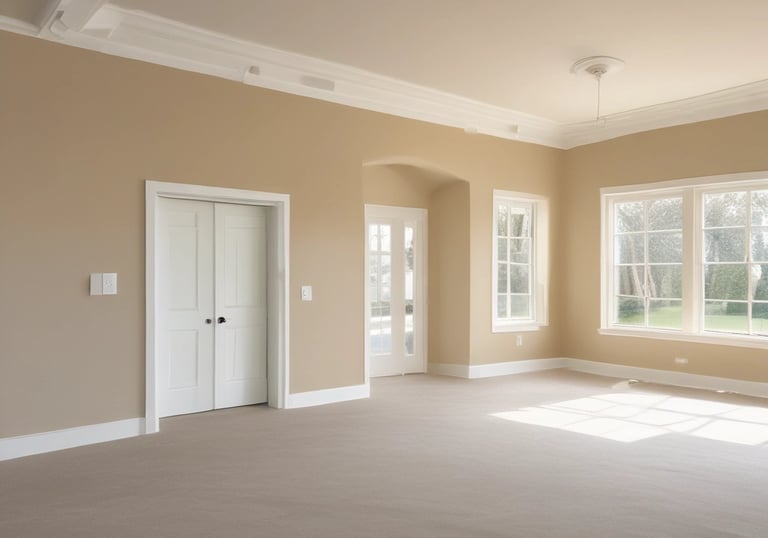Painter carefully applying smooth white paint on an interior wall in a modern home.