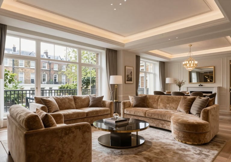 Luxury apartment interior in Kensington, London, featuring high ceilings, large windows, elegant tan furniture, and professional, soft lighting.