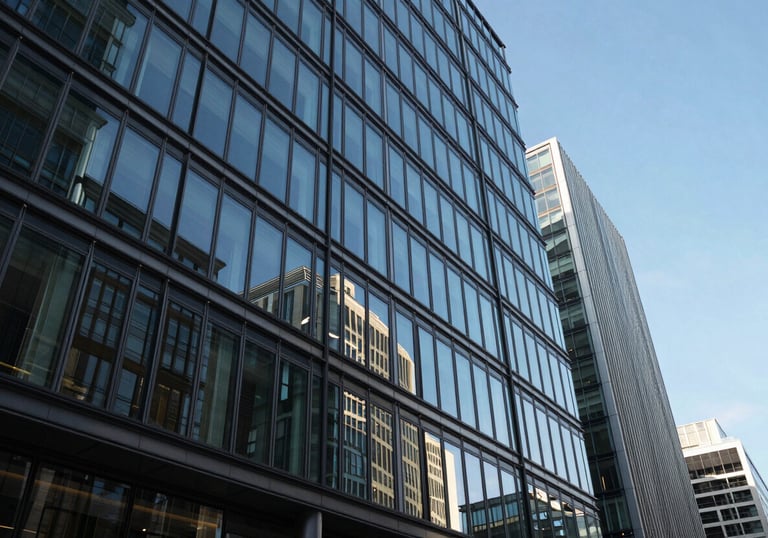 Photography of a sleek, contemporary commercial glass building in the City of London, reflecting a bright blue sky, conveying professional growth and urban success.
