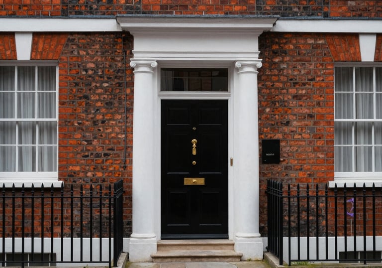 Exterior photography of a classic red-brick Georgian townhouse in Marylebone, London, with a traditional black front door and polished brass hardware.