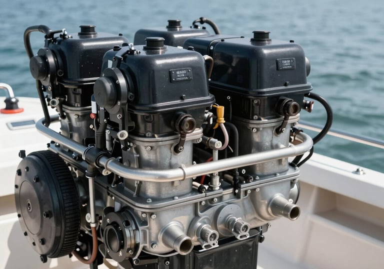 Technician inspecting a boat's electrical panel by the dock under clear skies.