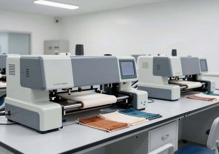 A modern textile laboratory in a South Asian facility, featuring testing equipment and fabric swatches, clean white walls, slate gray accents, professional and scientific atmosphere.