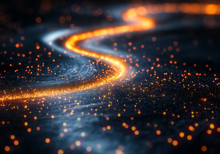 Minimal glowing data path illustrating how AI brings clarity through complex systems.