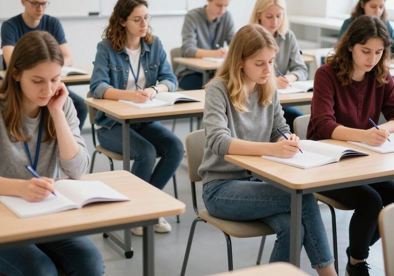 An bright classroom in Slovakia with a group of adult learners participating in a professional workshop, reflecting an encouraging educational environment.