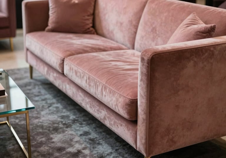 Photography of a luxury lounge area at a high-end North American private event. Features a velvet sofa in a dusty rose color with gold legs, a charcoal grey area rug, and minimalist glass side tables. The lighting is soft and inviting, showcasing refined elegance and high-quality textures.