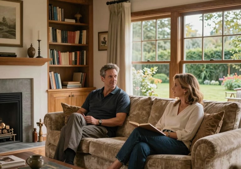 A happy homeowner reviewing paperwork with a mortgage advisor in a bright, cozy living room.
