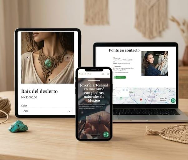 Sitio web Raíz Nativa joyería hecha a mano, visualizado en una laptop, tableta y celular.