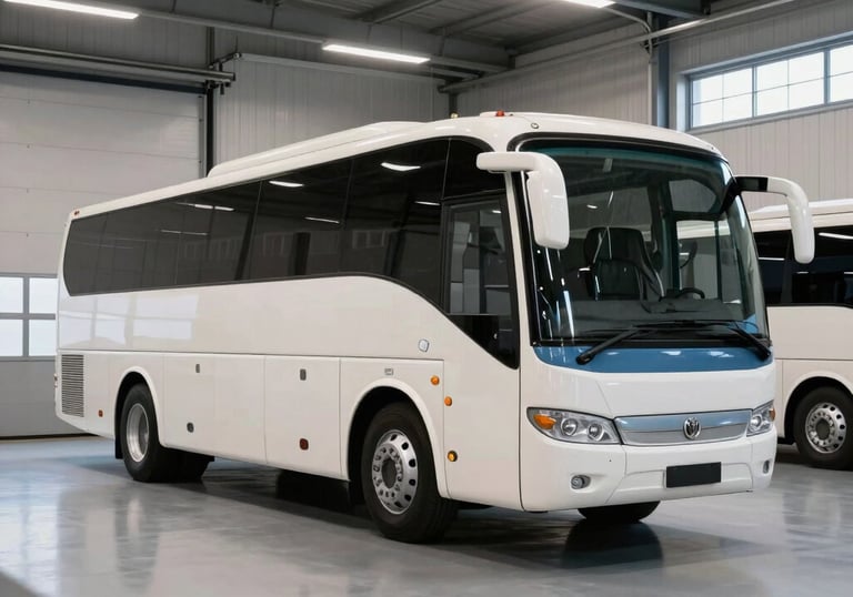 Wide shot of a modern, clean coach bus garage in the Netherlands, organized and professional atmosphere, shades of off-white and slate blue.