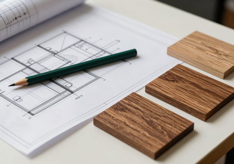 Architectural deck blueprints and wood brown timber samples laid out on an off-white table. A dark forest green pencil rests on the drawings, symbolizing the design phase.