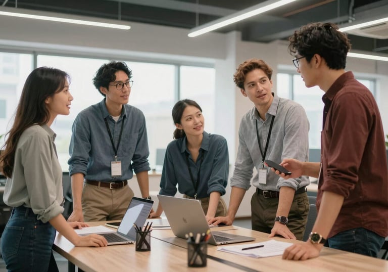 A group of professionals in business casual attire collaborating in a bright, modern open-plan office, North American / International.