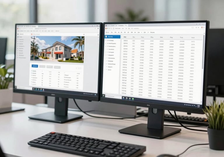 A high-tech North American office workspace featuring dual-monitor setup showing property management analytics in a bright, clean setting.