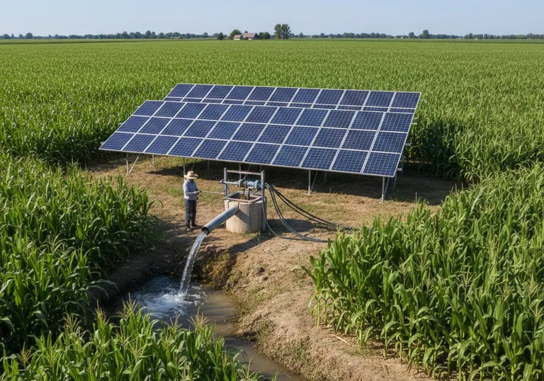 equipo de bombeo con paneles solares en un campo de cultivo