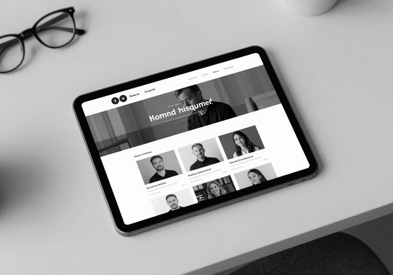 A top-down view of a designer's desk featuring a minimalist tablet displaying a clean, professional social media feed layout. Black and white aesthetic, #F7F7F7 background.