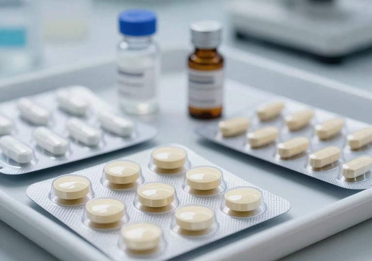 Close-up of pharmaceutical products and tablets in modern professional packaging on a white medical tray in a laboratory.