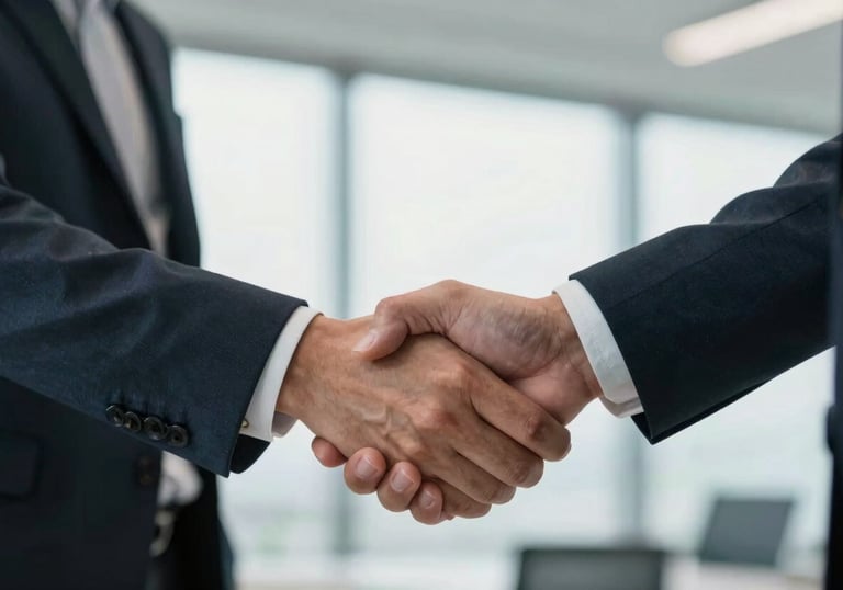 A close-up of two colleagues shaking hands in a bright North American / US corporate environment, representing a successful partnership.