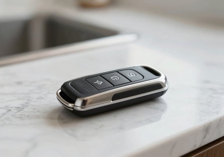 A close-up photograph of a modern car key fob resting on a clean marble countertop in a bright North American home setting, sharp focus.