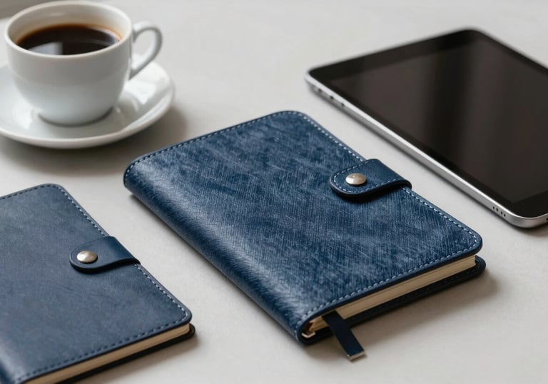 A clean, minimalist workspace with a coffee cup, tablet, and leather stationery in muted denim blue.