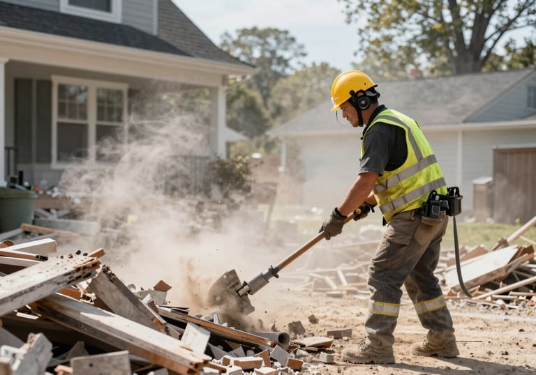 A demolition professional in safety gear clearing debris from a renovated North American / New England home, professional equipment, organized and safe workspace, mist white dust in the air.