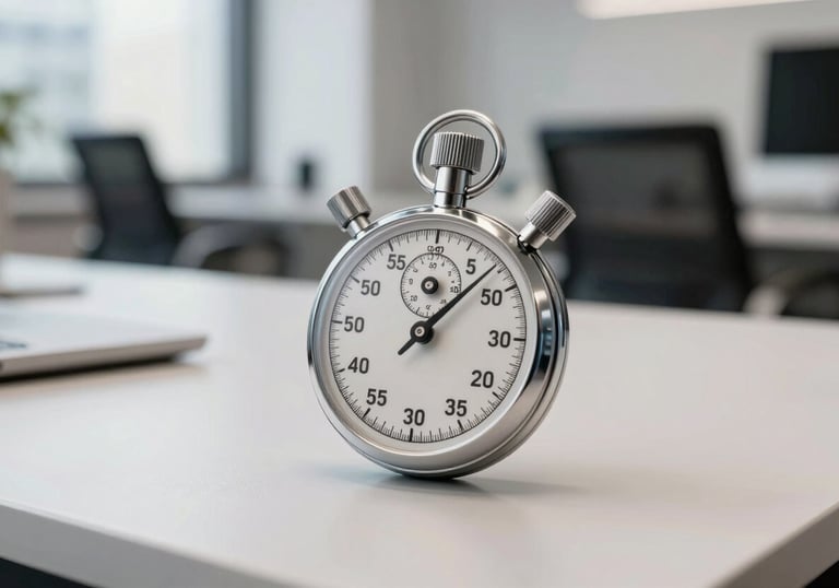A professional stopwatch resting on a modern desk, symbolizing efficiency and speed, in a bright London office environment, sharp focus, professional photography.