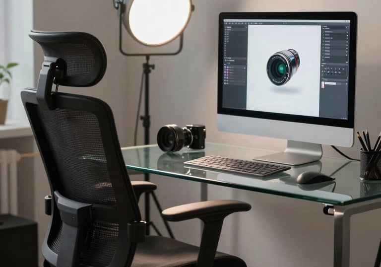 A sharp, detailed photograph of a creator's workspace featuring an ergonomic chair, a glass desk, and professional lighting equipment, emphasizing a clean and sophisticated workflow.