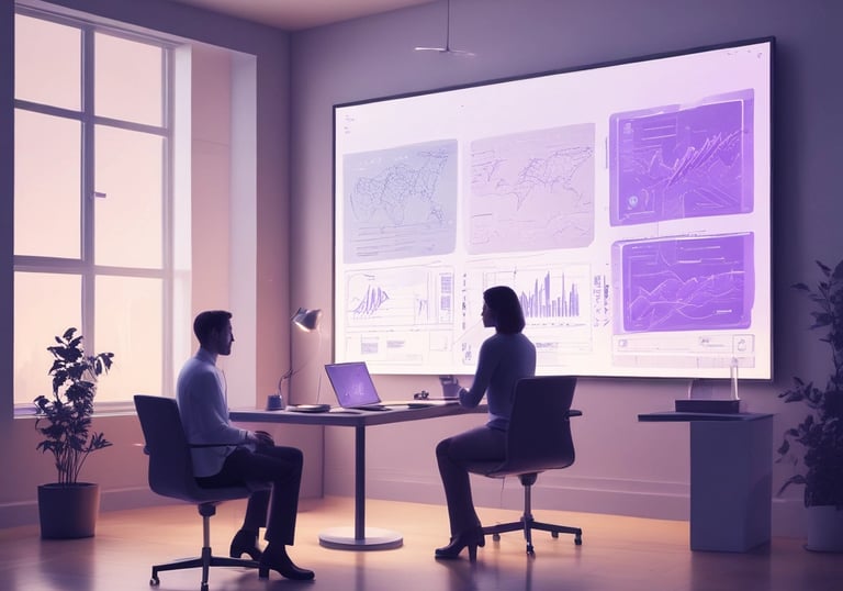 A professional consultant discussing AI strategies with a client in a modern office.