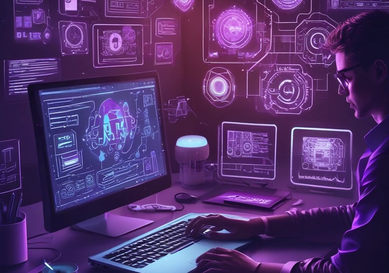 Hands typing on a laptop with code and automation workflows on screen.