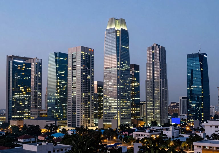 A panoramic view of a modern Indian financial district skyline at dusk, with buildings illuminated in soft steel blue and deep navy blue lights.