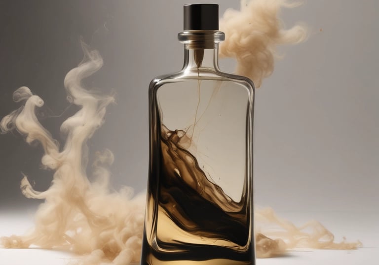 Minimalist glass bottle with dark liquid, surrounded by gentle wisps of smoke and muted gold accents.