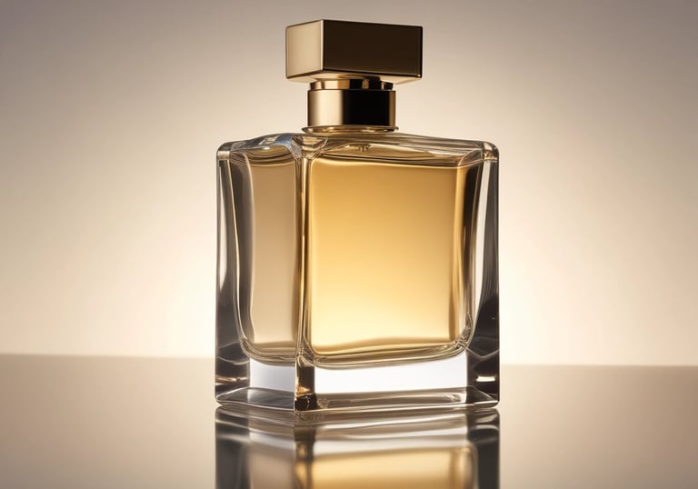 Close-up of a sleek glass perfume bottle with soft golden light reflecting off its surface.