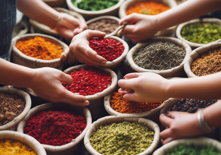 Close-up of hands selecting fresh spices at an Indian farm market.