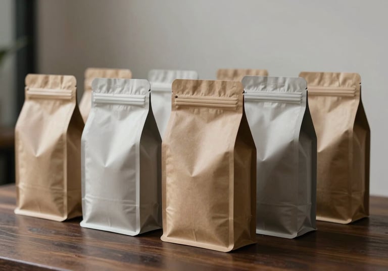 A group of elegant, minimalist coffee bags standing on a dark wooden surface in a bright, modern studio in China. Professional soft lighting, emphasizing the medium brown and muted taupe colors.