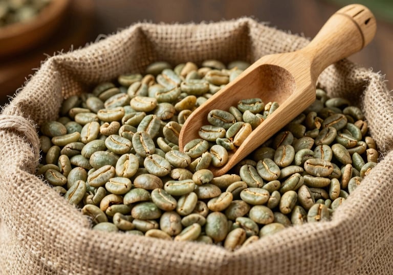 A close-up of a rustic burlap sack filled with green specialty coffee beans, with a small bamboo scoop resting on top. Traditional yet professional manufacturing setting in China.