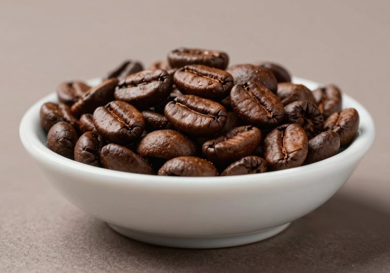 Detailed macro photograph of premium light-roasted coffee beans in a refined ceramic dish. Set against a muted taupe background with clean, professional studio lighting.