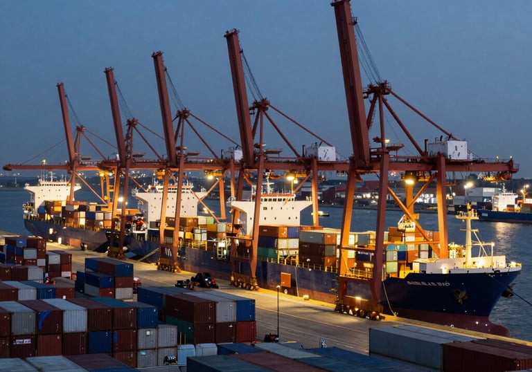 A panoramic view of a busy Polish sea port at twilight, with large container ships and illuminated cranes, representing advanced logistics and international trade.