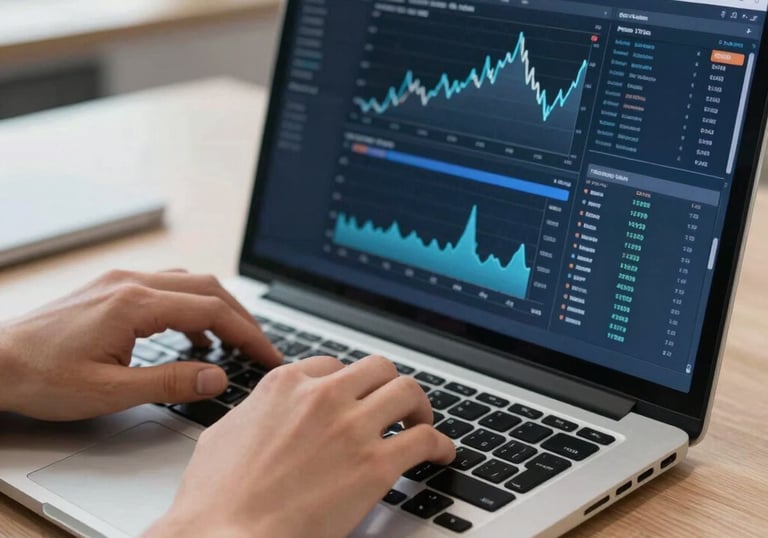 A close-up shot of hands typing on a high-end laptop with professional financial software open, showing complex analytics and blue-toned charts in a bright Polish office.