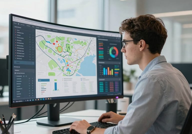 A focused shot of a young professional analyst in a modern office in Poland, examining detailed data visualizations and maps on a large curved monitor. The lighting is bright and contemporary, highlighting a clean workspace.