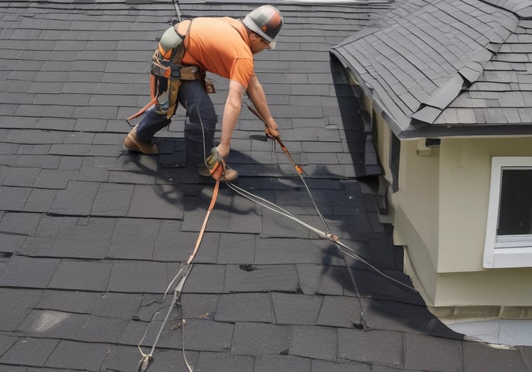 Close-up of a professional repairing or fixing a shingle roof on a residential home