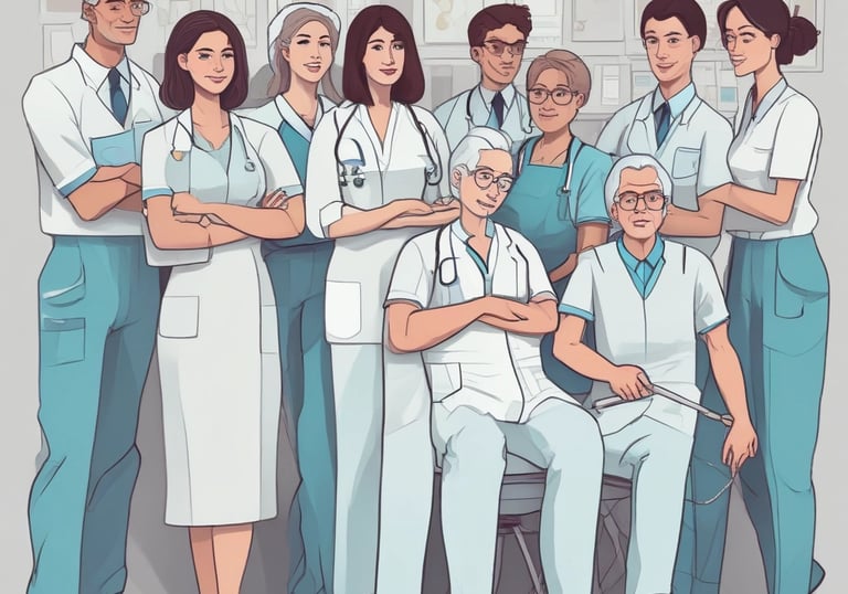 A diverse group of healthcare professionals in scrubs smiling confidently.