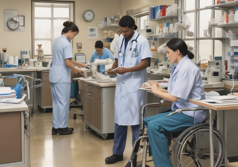 A diverse group of healthcare professionals in scrubs collaborating in a hospital setting.