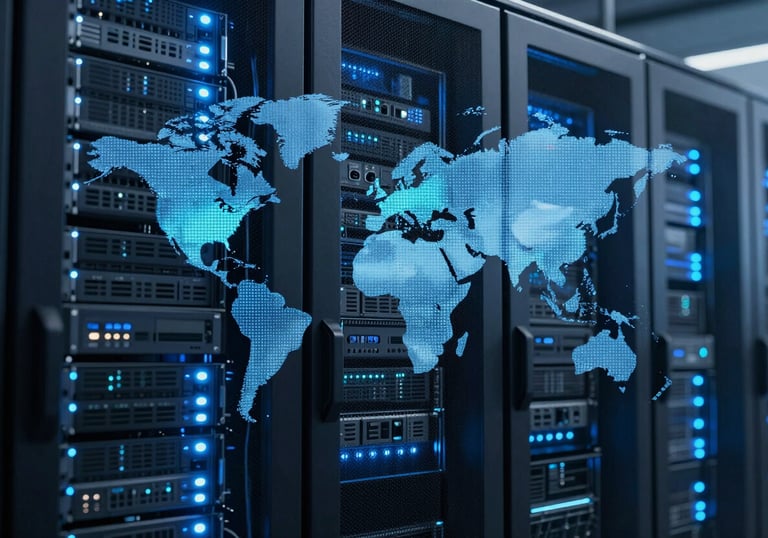 An abstract photography shot of a modern data center with glowing blue LED lights, representing Global / Tech Industry digital infrastructure, with Dark Navy shadows.