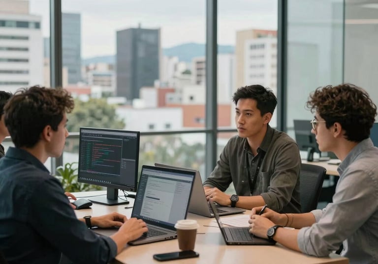 A group of professional software developers having a focused stand-up meeting in a modern glass-walled office with a view of a Latin American metropolis.
