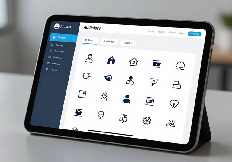 A sleek digital interface displayed on a tablet screen showing a directory of audiology icons. Professional, clean office setting with a calming #A7C9D6 and #1A2C38 color scheme.