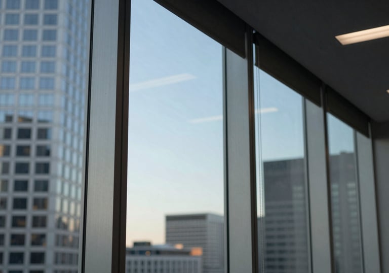 A close-up of a glass-walled conference room in a North American / US financial district, reflecting the pale steel blue of the morning sky.