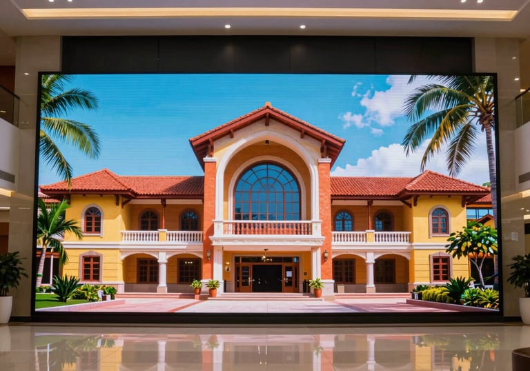 A wide professional shot of a large, vibrant indoor LED wall display in a corporate lobby, perfectly calibrated and glowing, South American architecture style.