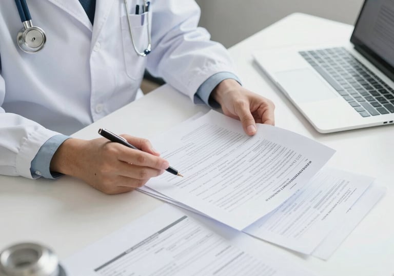 Professional businessman in a suit reviewing financial documents and using a laptop in a bright office.