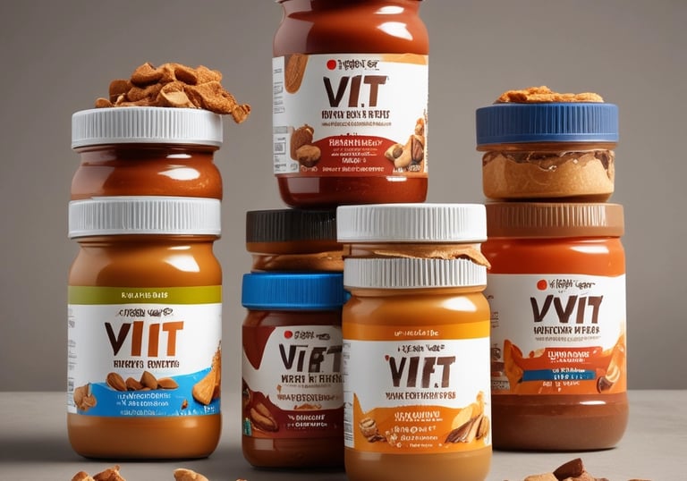 Three jars of peanut butter variants lined up on a green background.