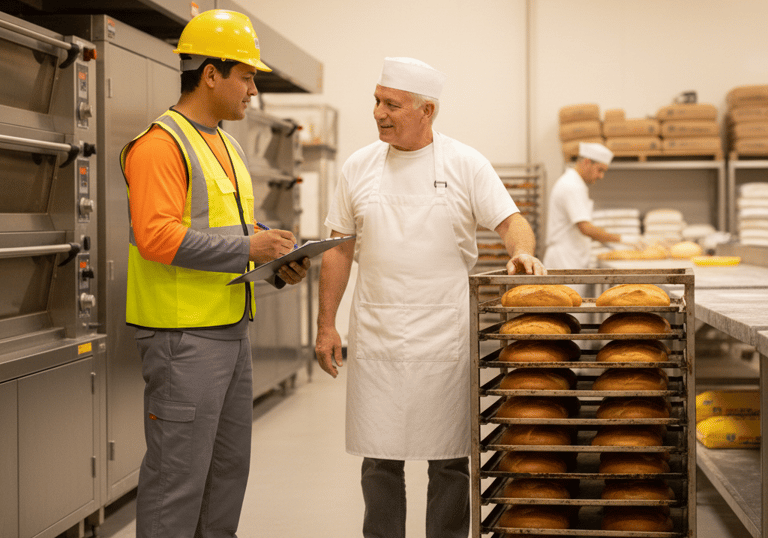 A safety inspector with a clipboard talking to a baker in a commercial kitchen near a bread cooling rack.