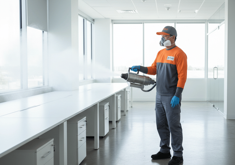 Professional sanitizing technician using an electrostatic fogger for office disinfection services.