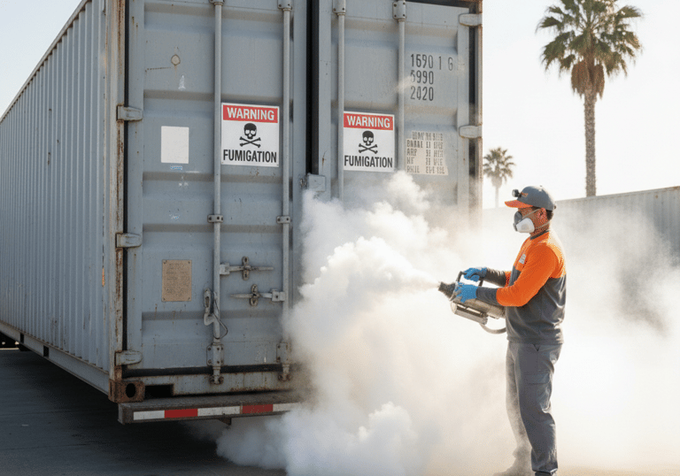Professional pest control worker performing container fumigation using a thermal fogger machine on a shipping unit.